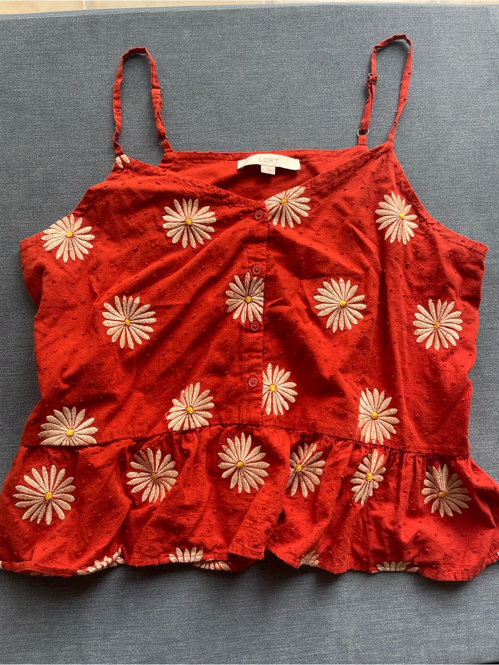 LOFT Daisy Embroidered Spaghetti Strap Peplum Top